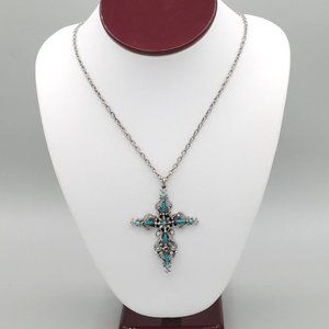 Unisex Silver Tone Cable Chain Fashion Necklace Cross Shaped Pendant 24 in